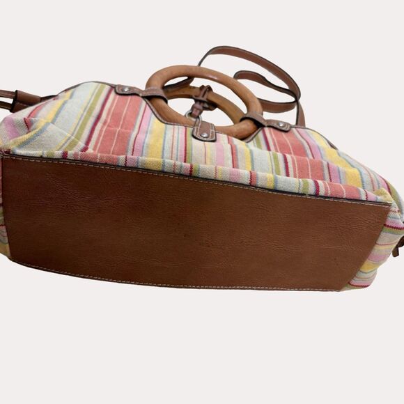 Fossil Canvas Leather Wood Satchel Purse Bag Double Handle Stripe bv - Picture 7 of 11